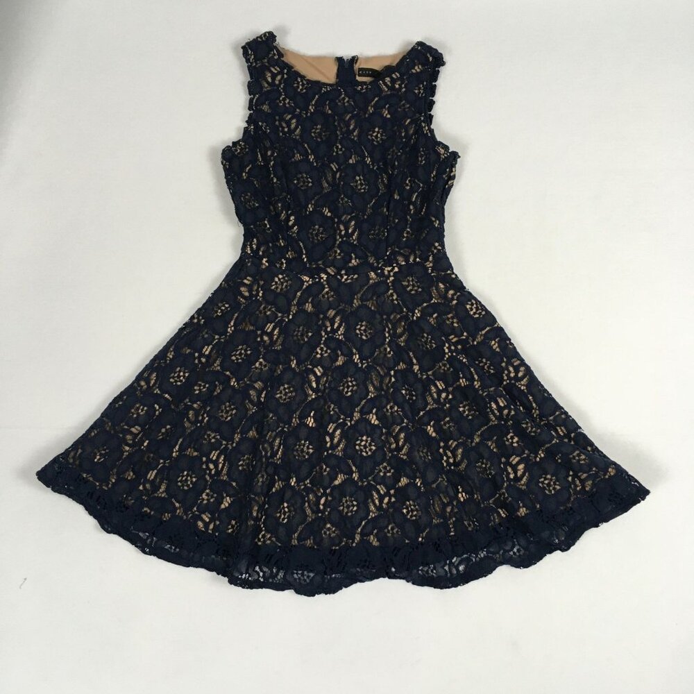 City Studio Lace Overlay Dress Size 7 Navy Blue Tan Lined Sleeveless Back Zipper